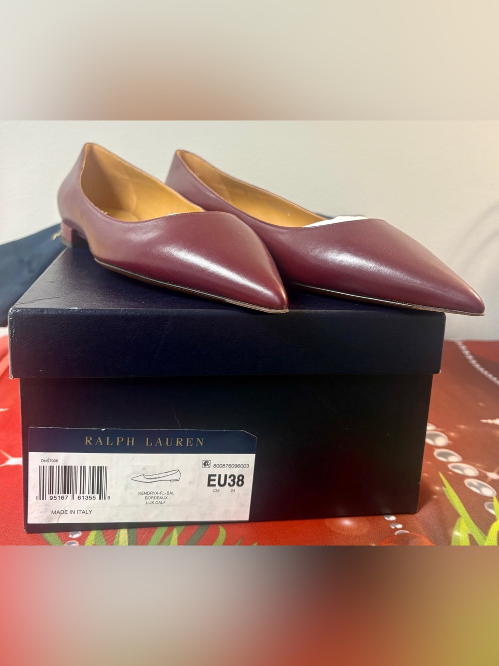 NIB Ralph Lauren (Purple Label) Kendrya Ballet Flat Lux Calf in Bordeaux (EU 38)